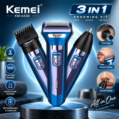 Kemei KM-6330 3-in-1 Rechargeable Hair Trimmer, Electric Shaver & Nose Clipper Grooming Kit – Universal Voltage, 60-Min Runtime & 4 Guide Combs